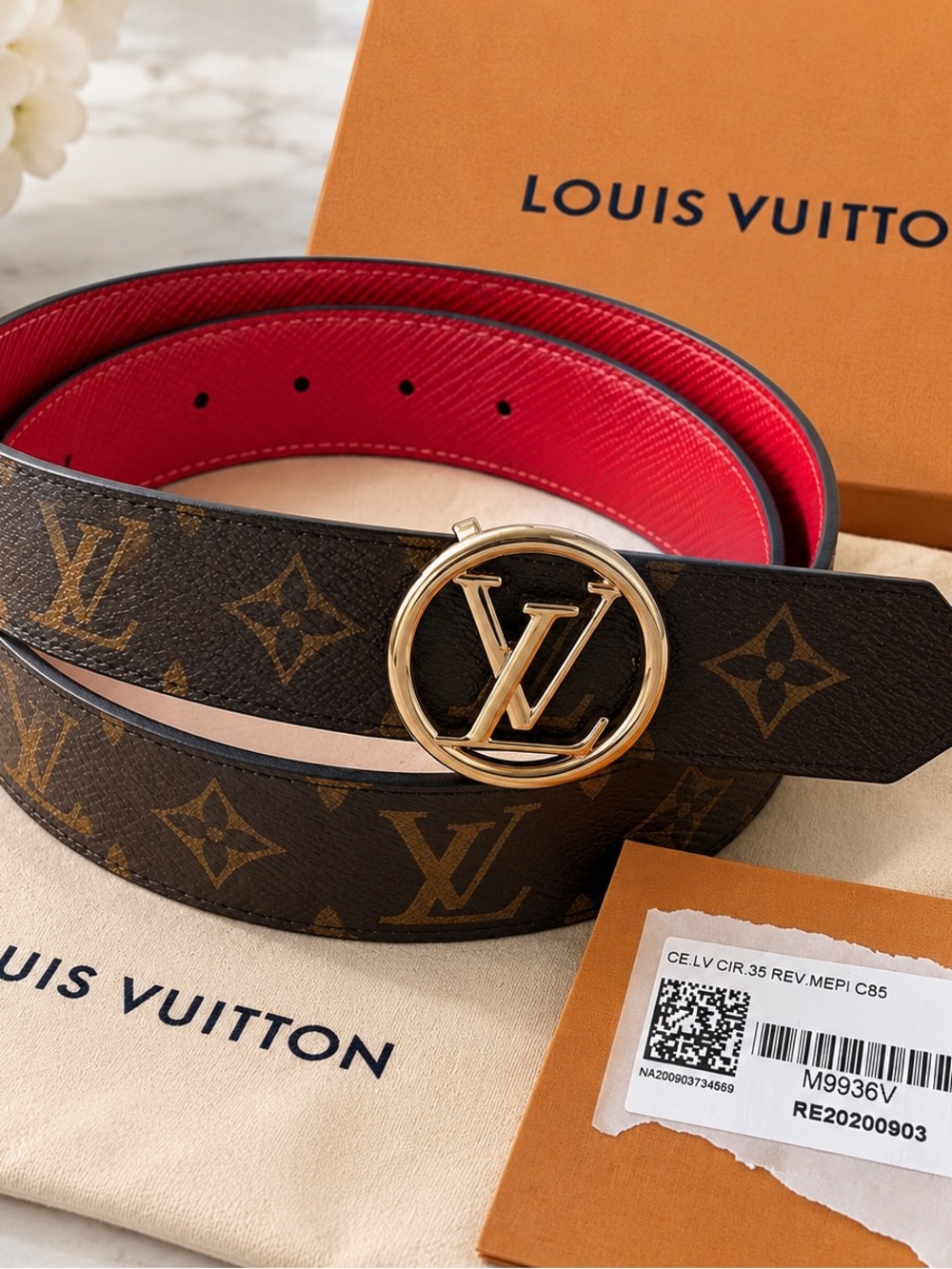 Louis Vuitton Monogram LV Circle Belt - Gold Hardware-Red Interior-New With Tag